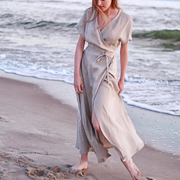 Linen Wrap Maxi Dress | Eggplant Color | Size M - Picture 4 of 10